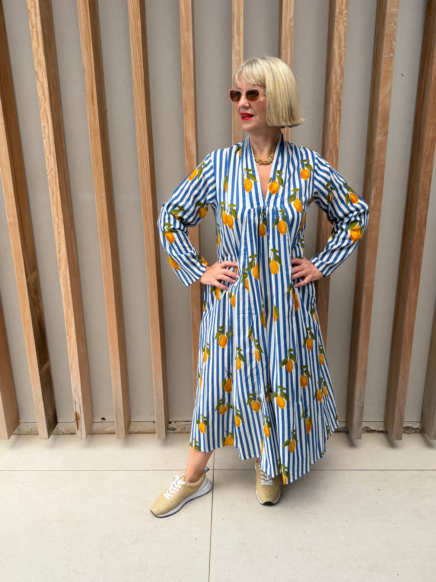 Blue & white striped dress with lemon pattern