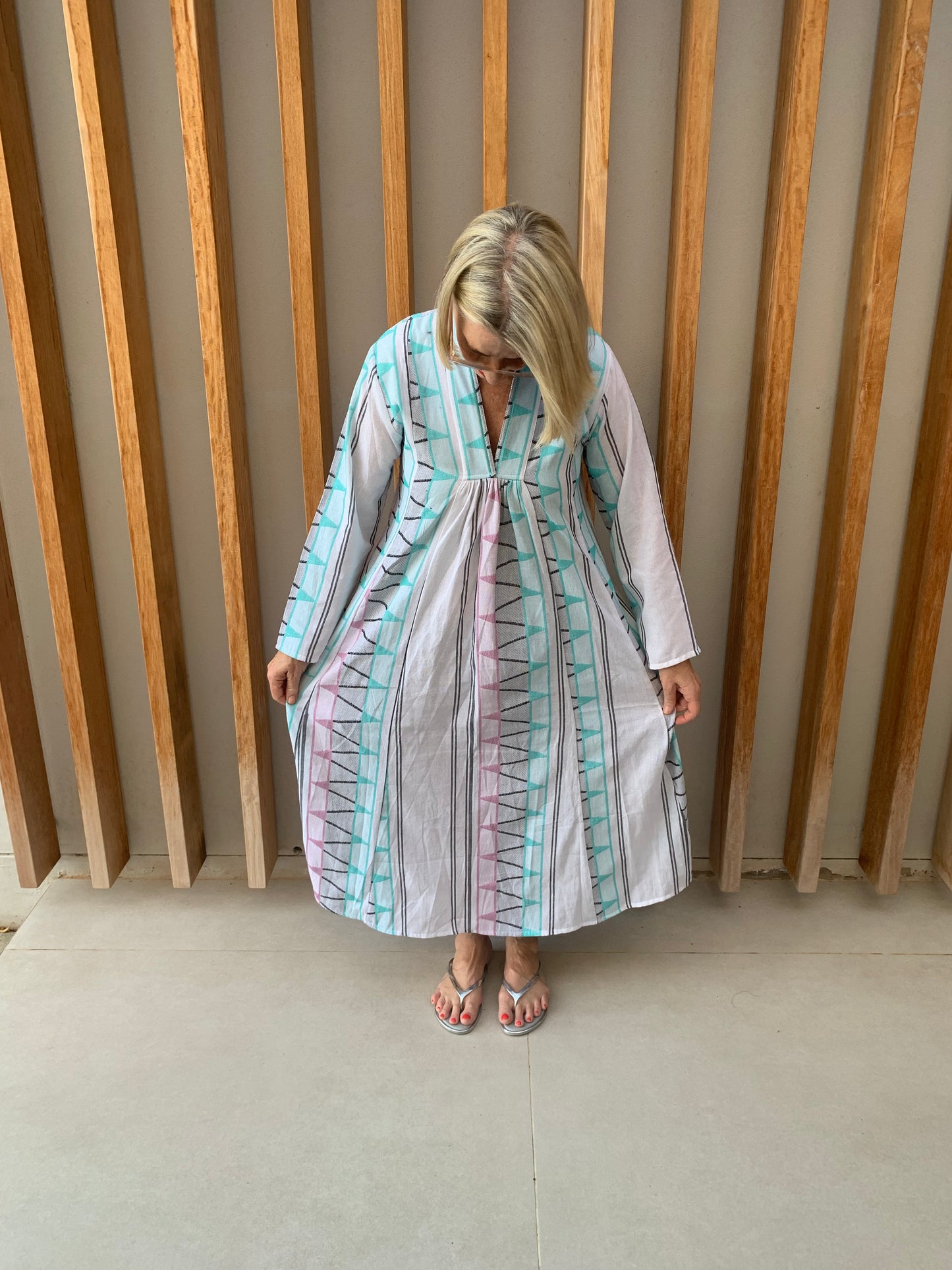 Blue, mauve & white geometric pattern dress