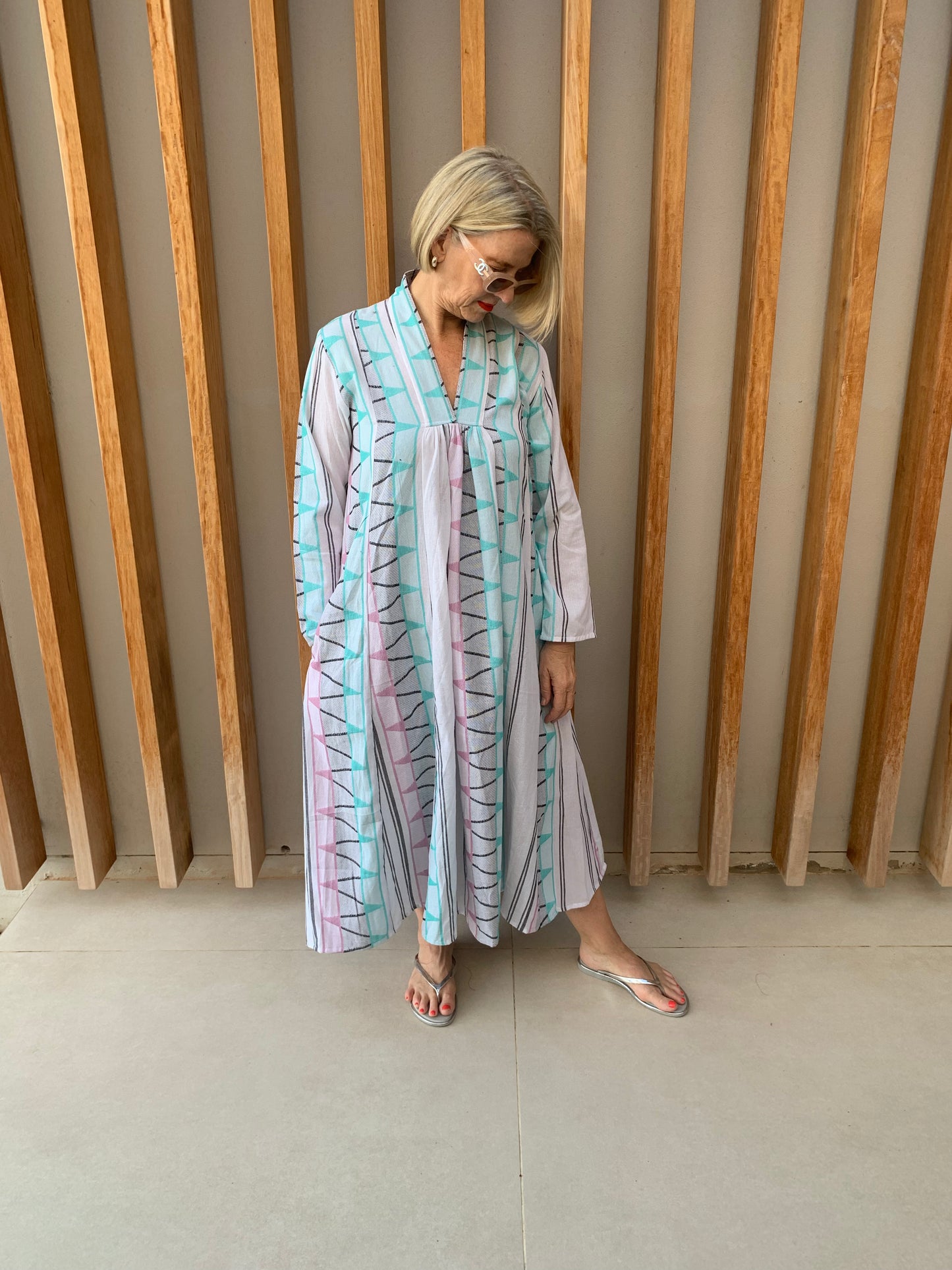 Blue, mauve & white geometric pattern dress