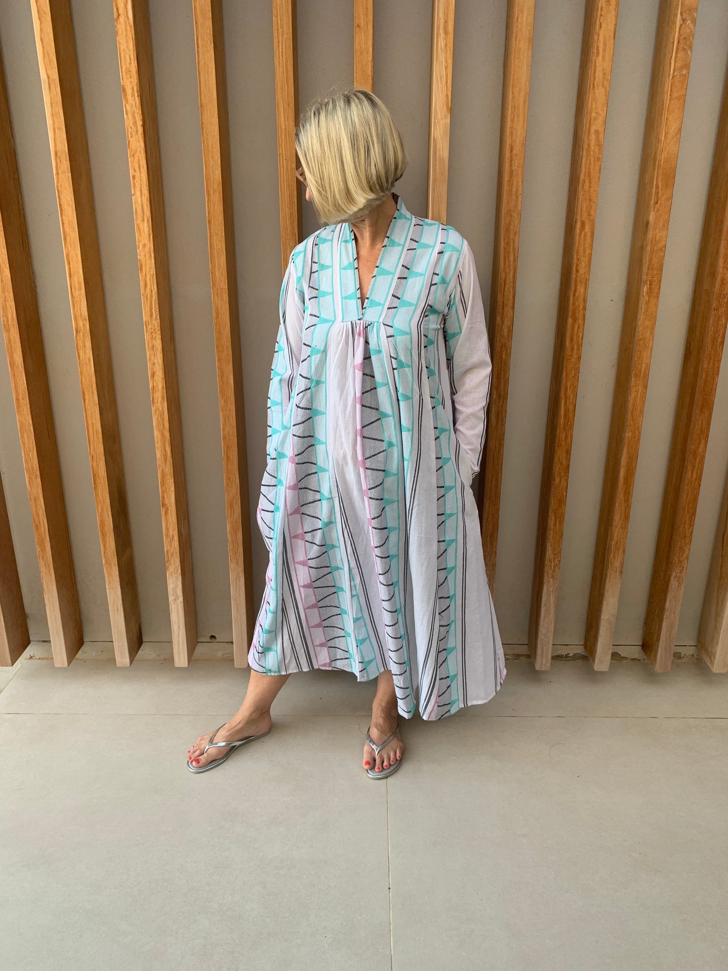Blue, mauve & white geometric pattern dress