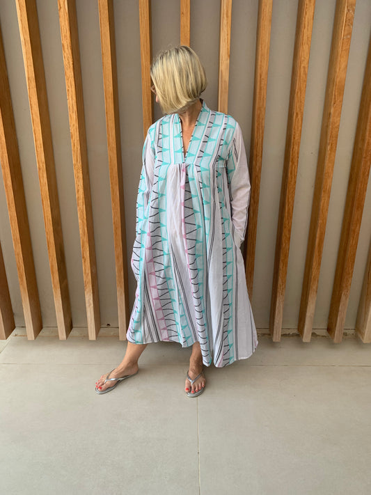 Blue, mauve & white geometric pattern dress