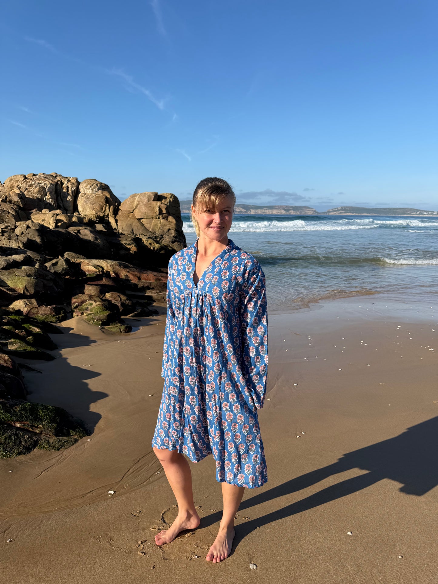 Blue dress with pink floral pattern