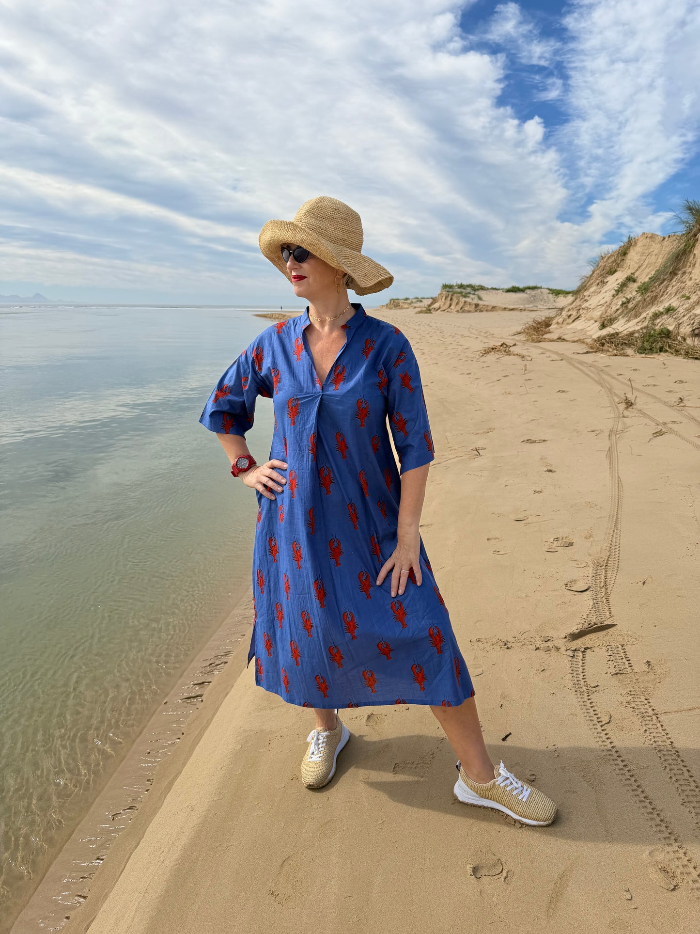 Blue dress with red lobster pattern