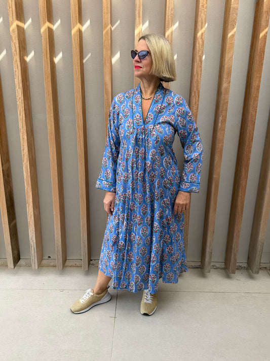 Blue dress with red & green floral pattern