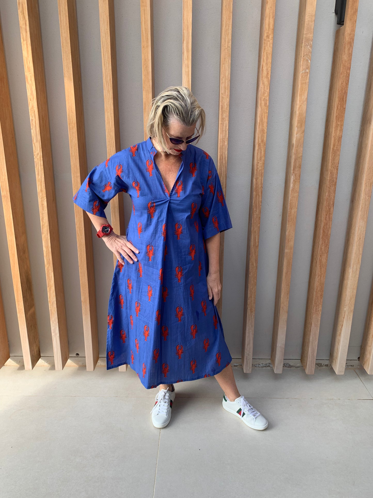 Blue dress with red lobster pattern