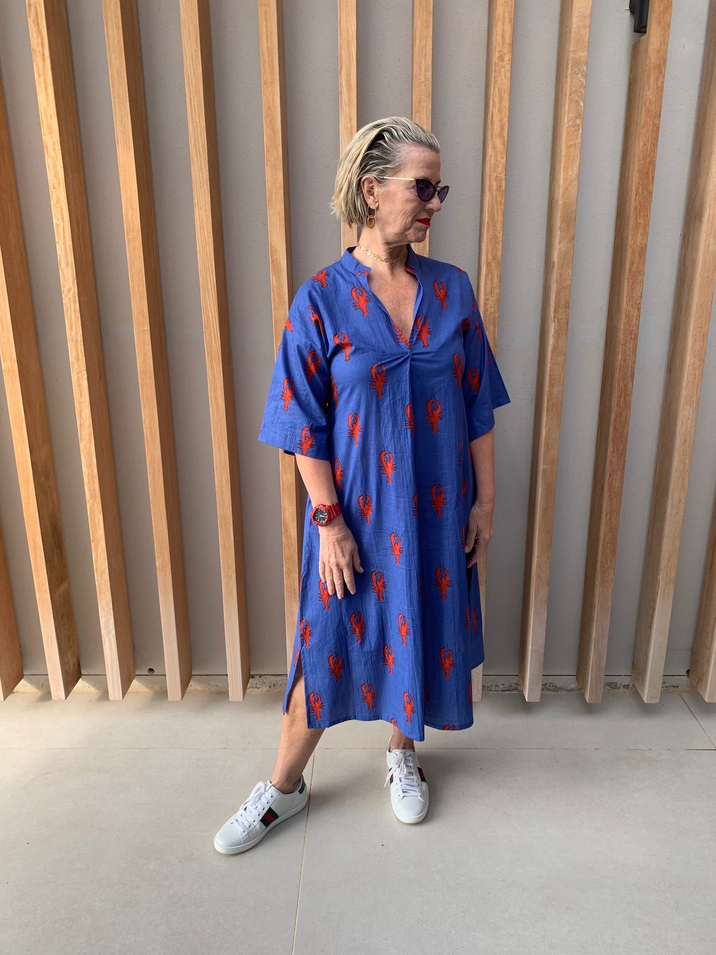 Blue dress with red lobster pattern