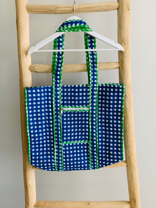 Blue & white check Tote Bag