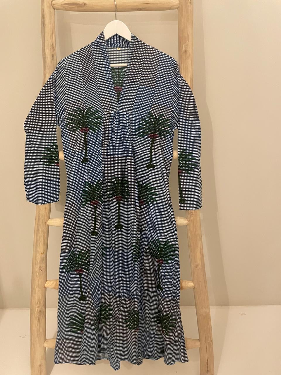 Blue & white check dress with green palm