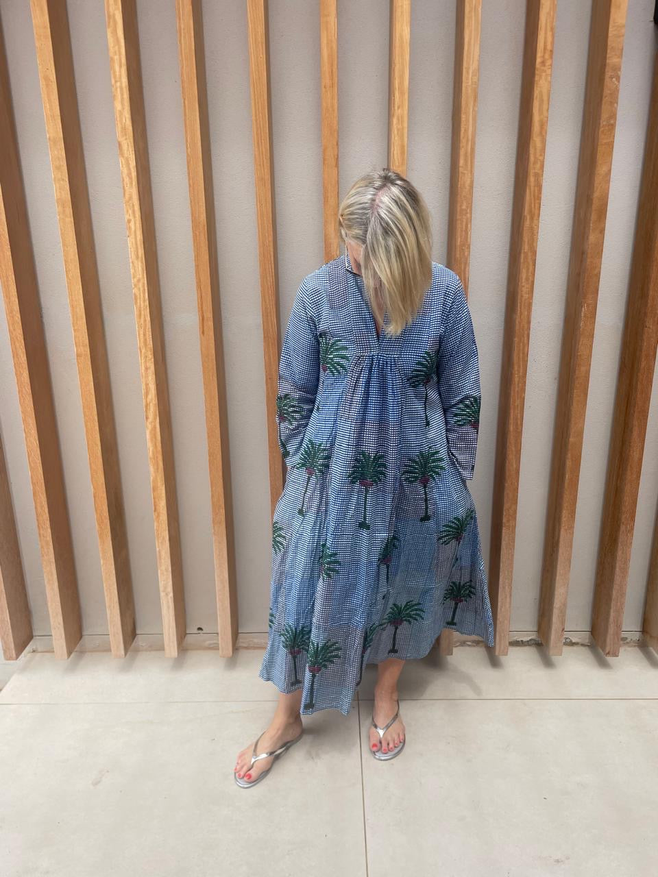 Blue & white check dress with green palm