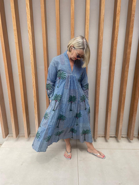 Blue & white check dress with green palm