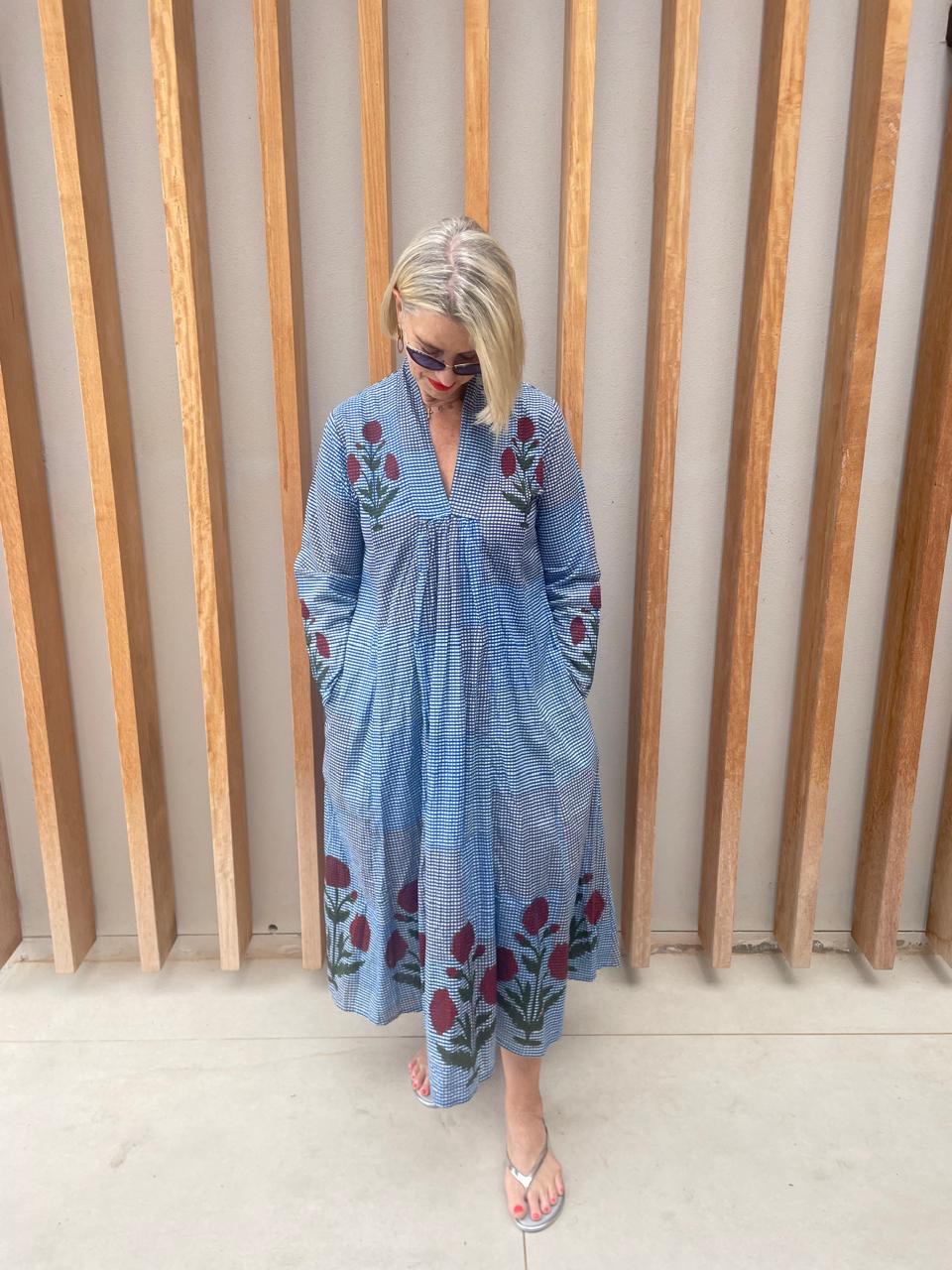 Blue & white checked dress with red poppy