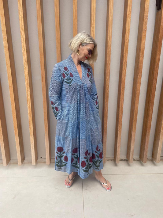 Blue & white checked dress with red poppy