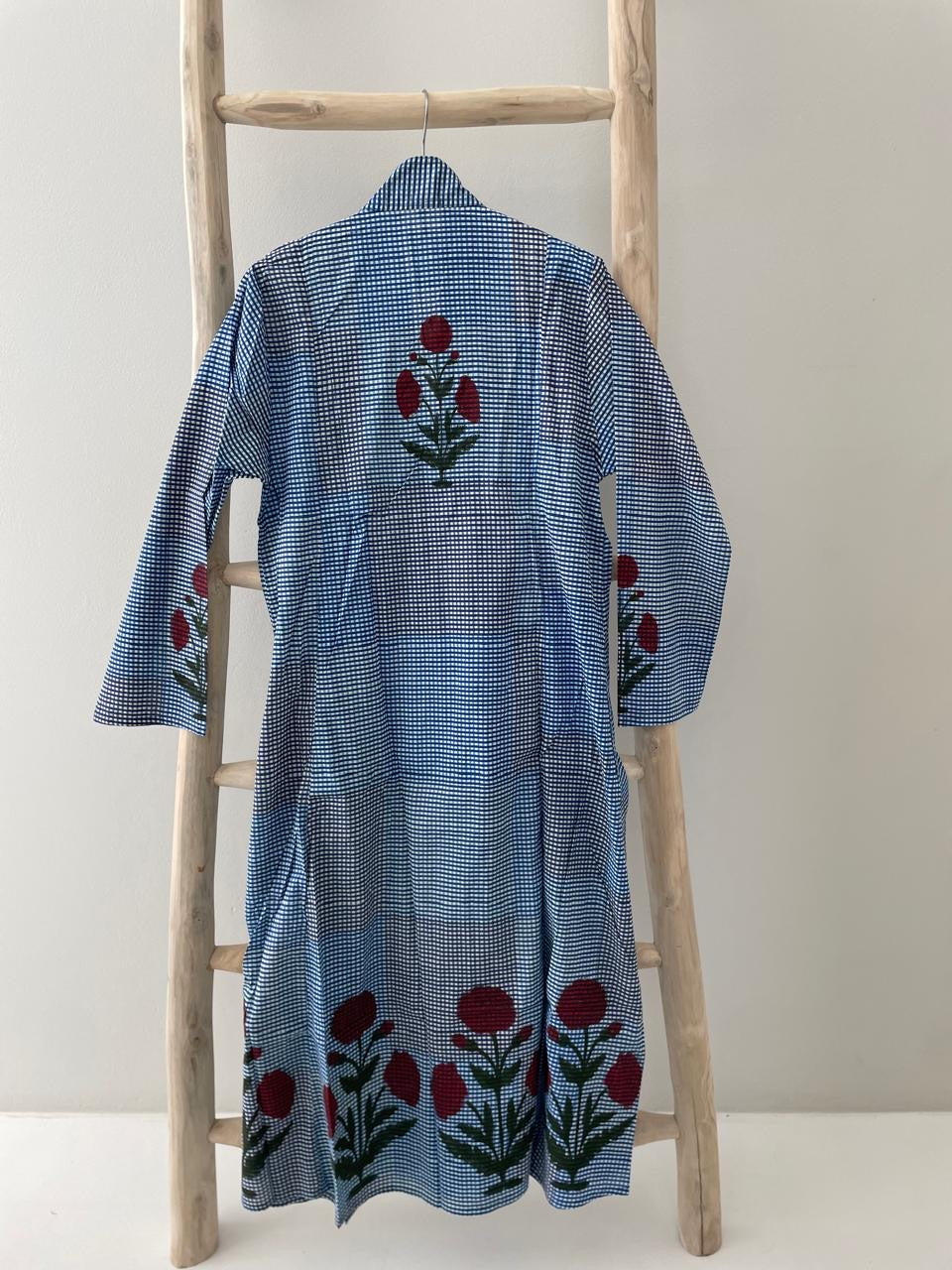 Blue & white checked dress with red poppy