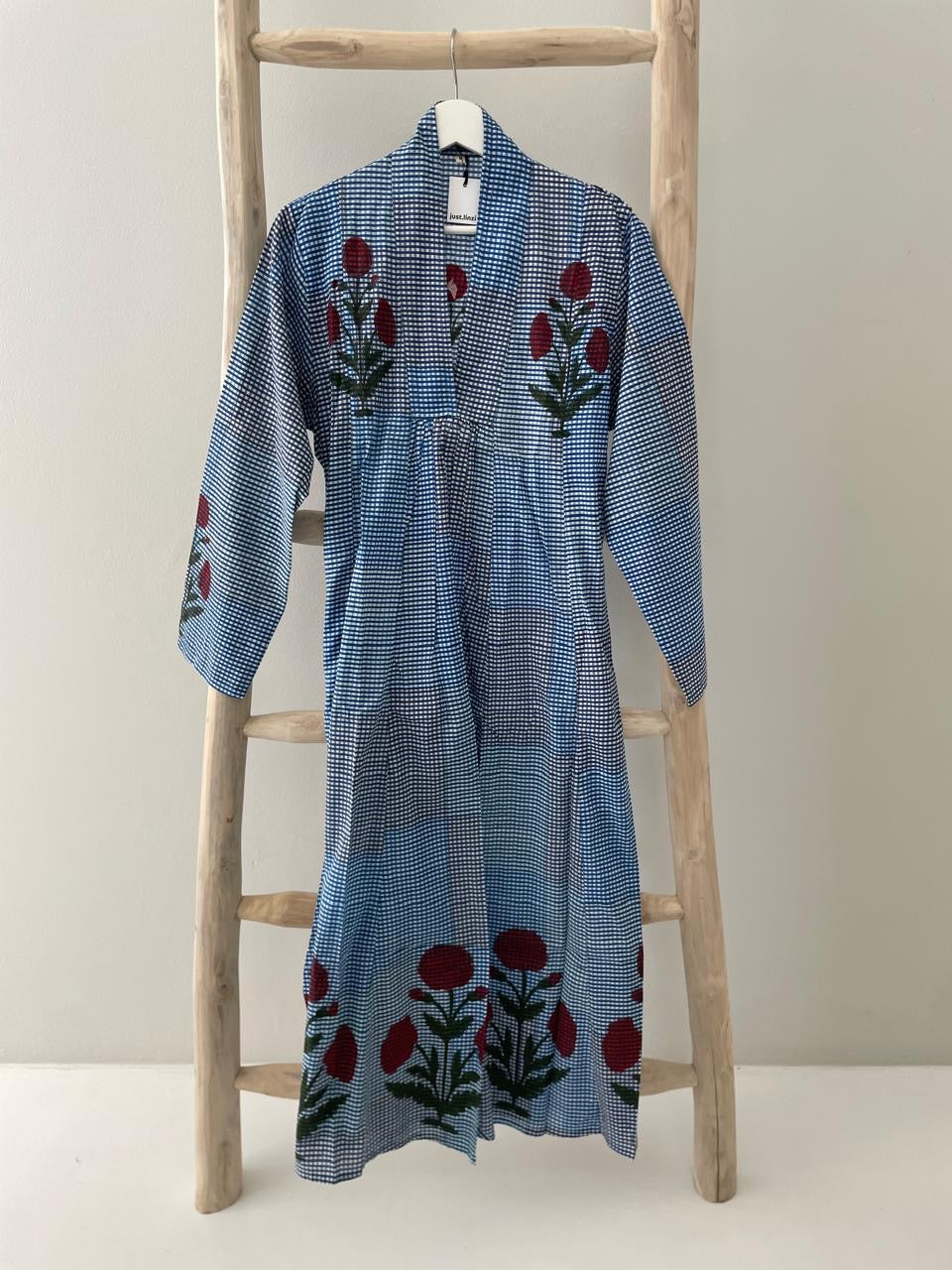 Blue & white checked dress with red poppy