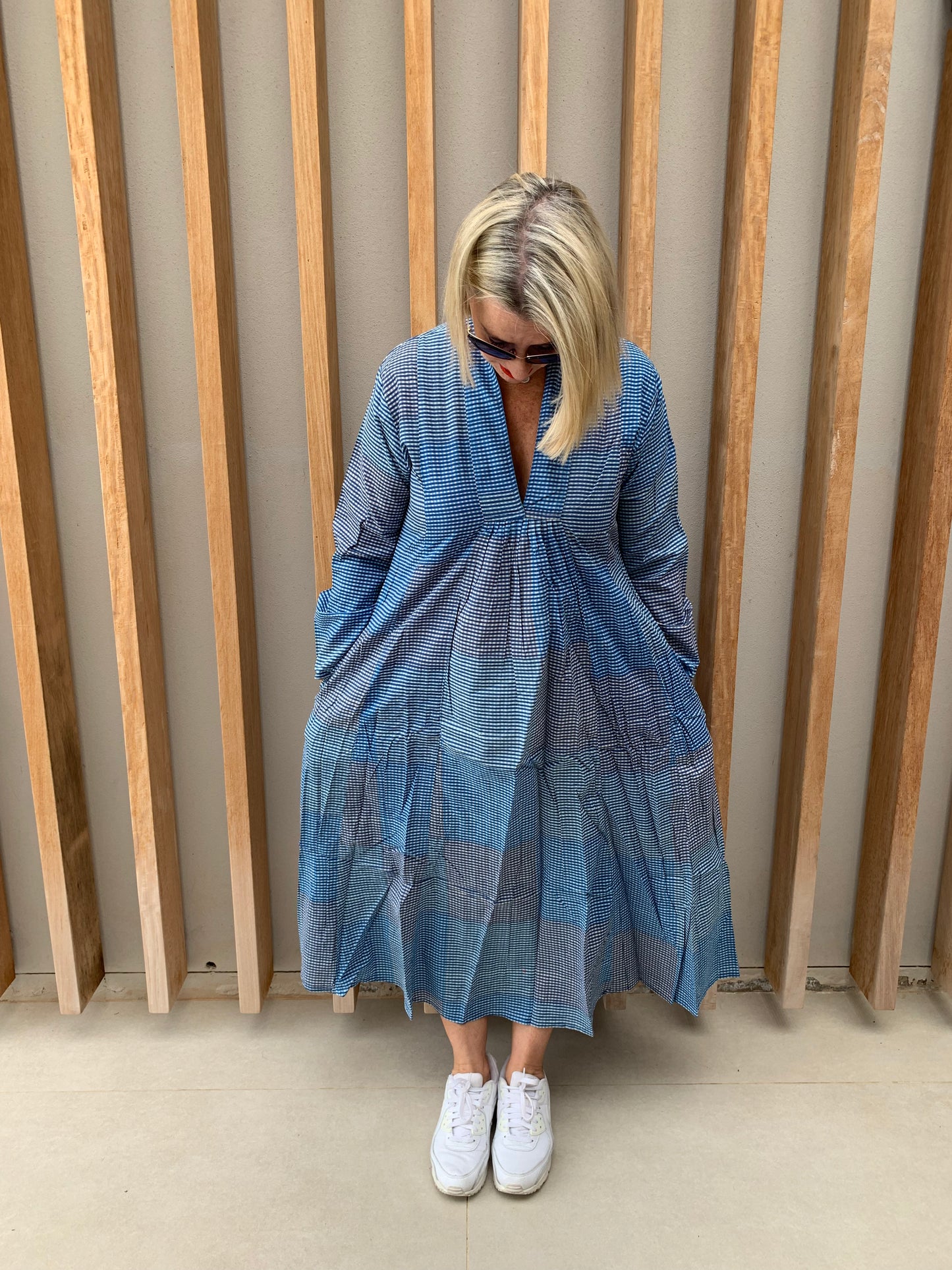 Blue & white fine checked dress