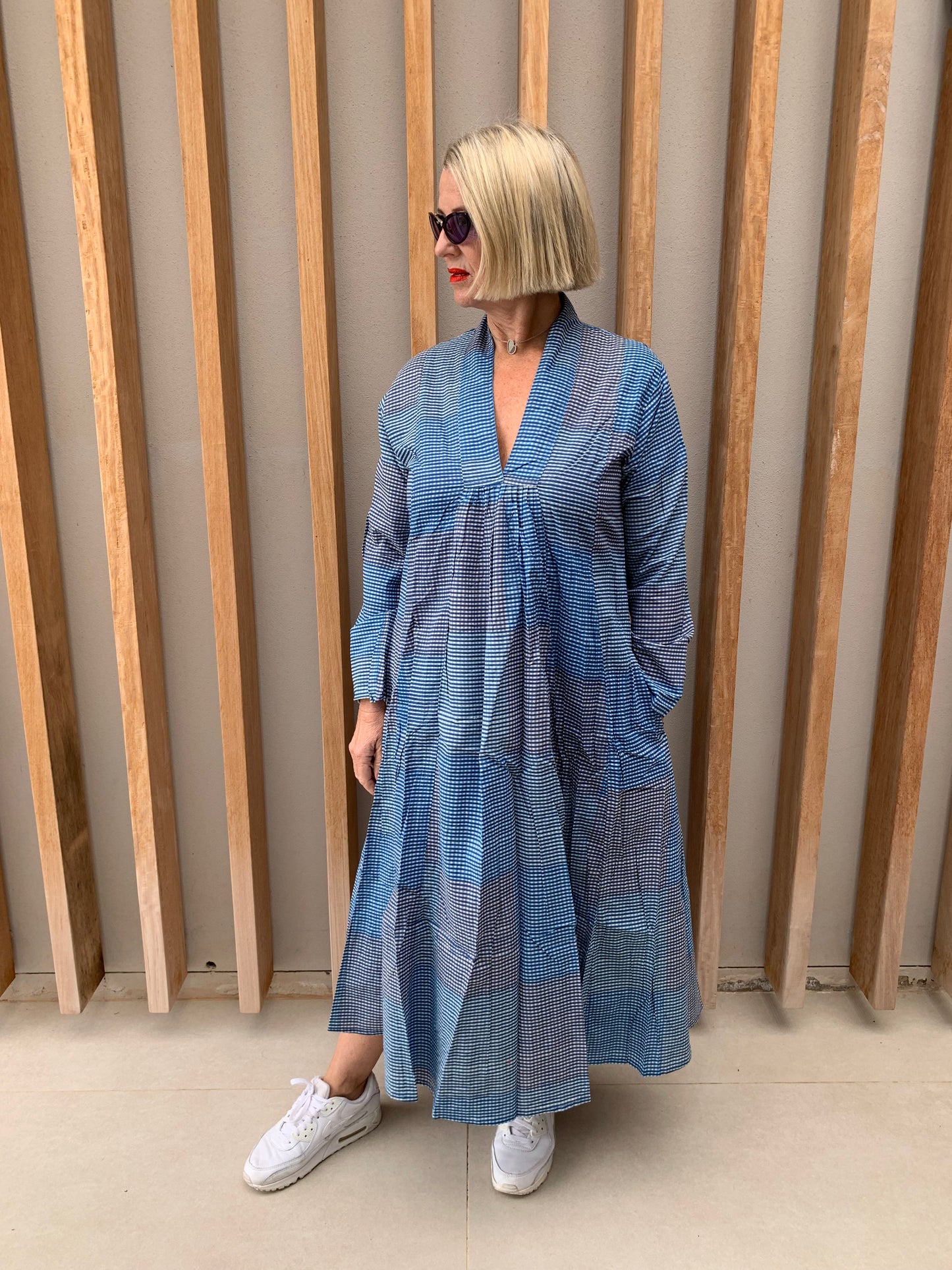 Blue & white fine checked dress