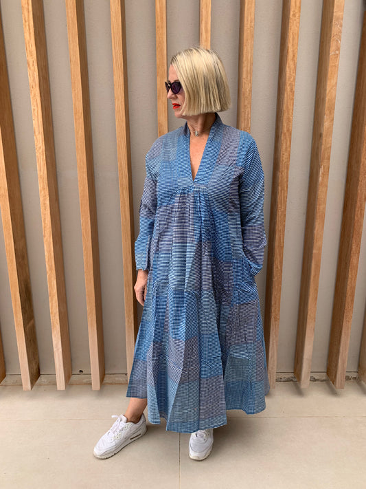 Blue & white fine checked dress