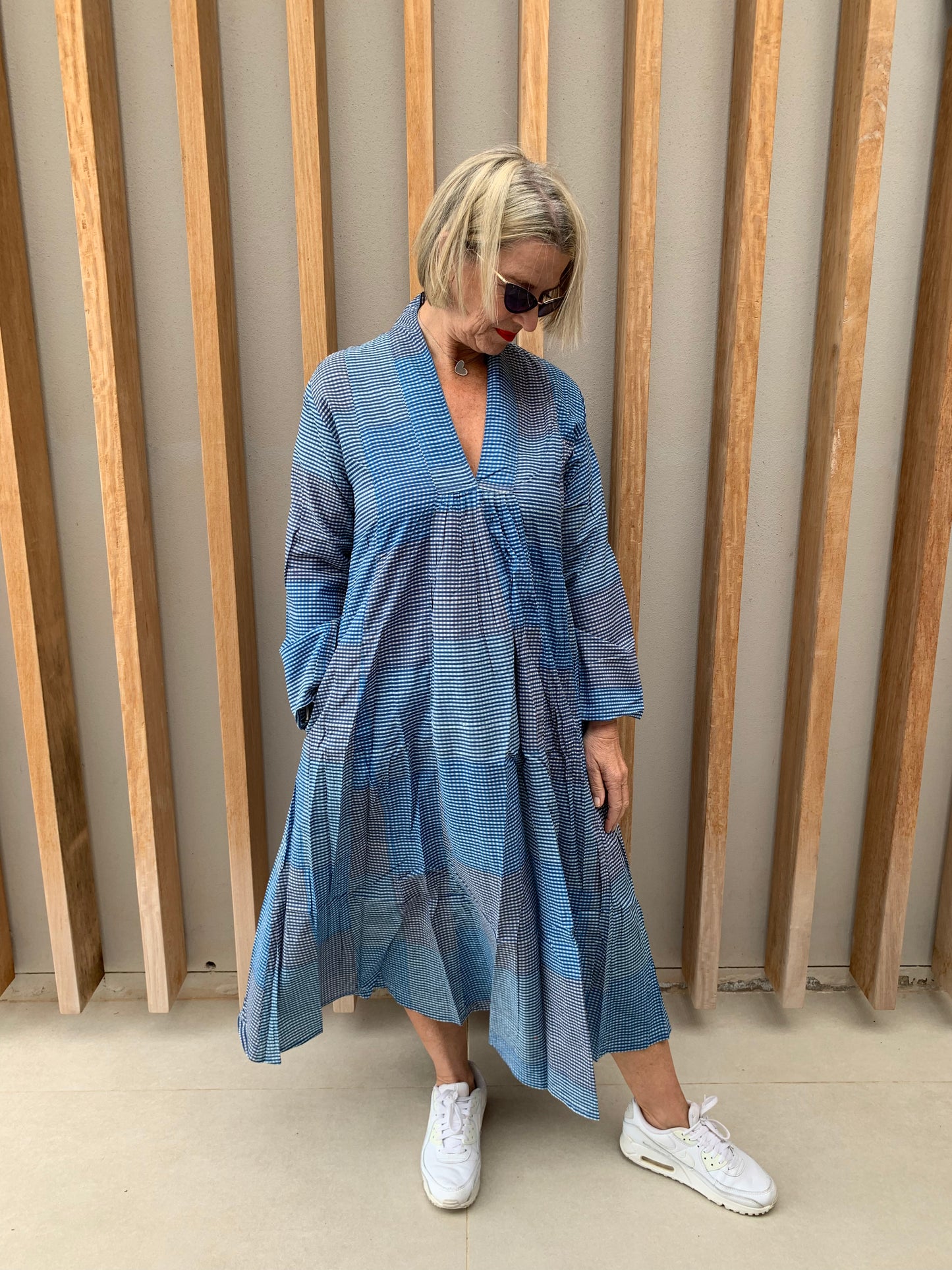Blue & white fine checked dress