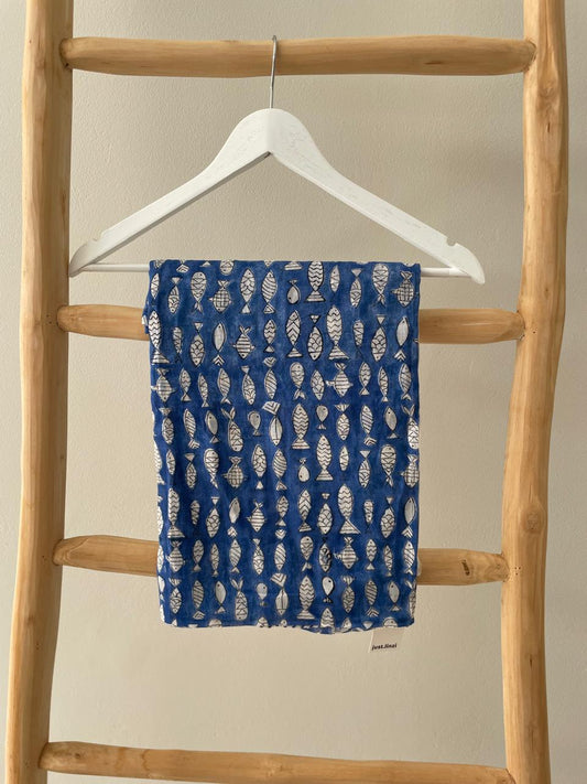 Blue Sarong with white fish geometric pattern