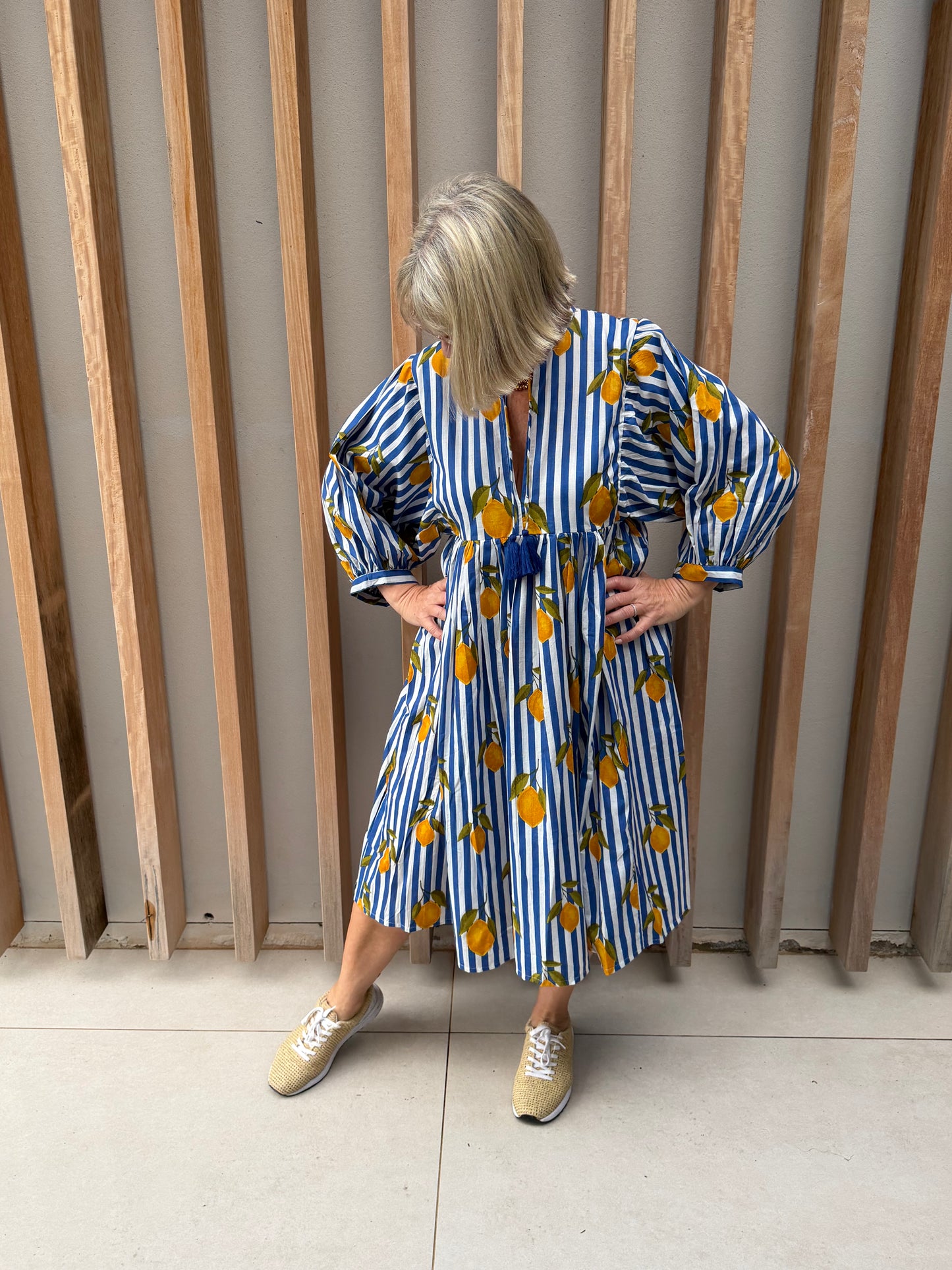 Blue & white striped short dress with lemon pattern