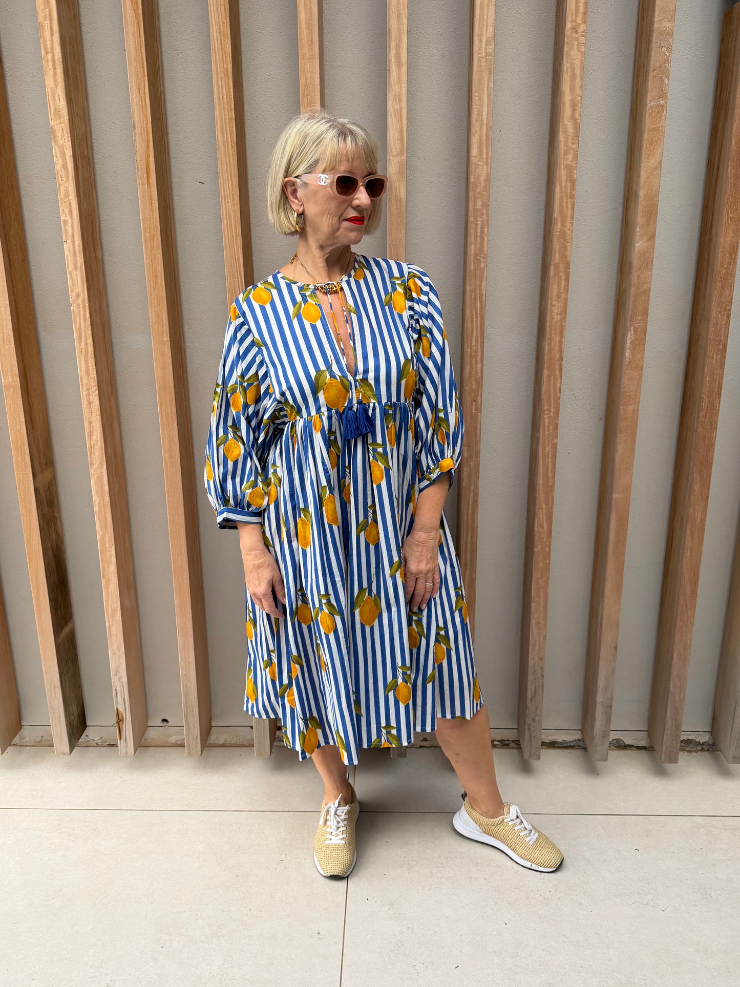Blue & white striped short dress with lemon pattern