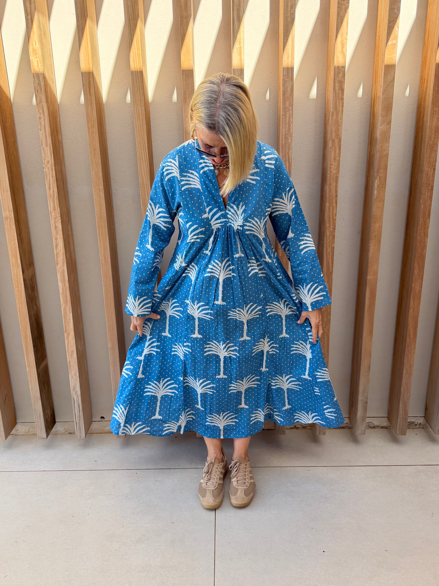 Blue dress with white palm pattern