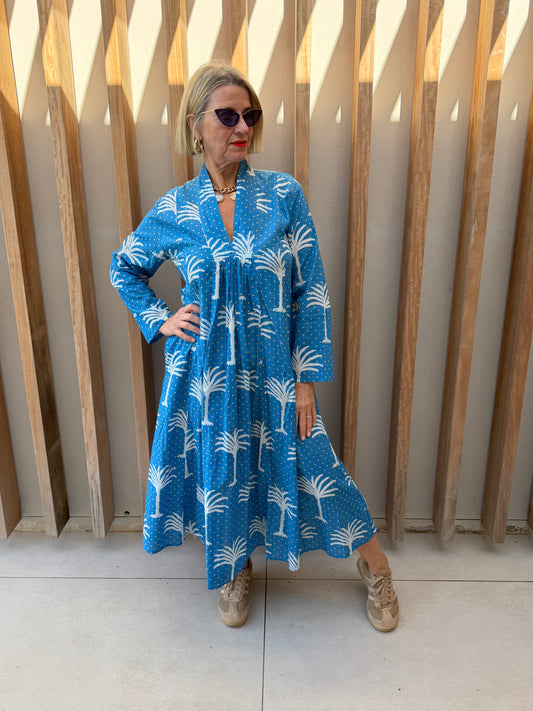 Blue dress with white palm pattern