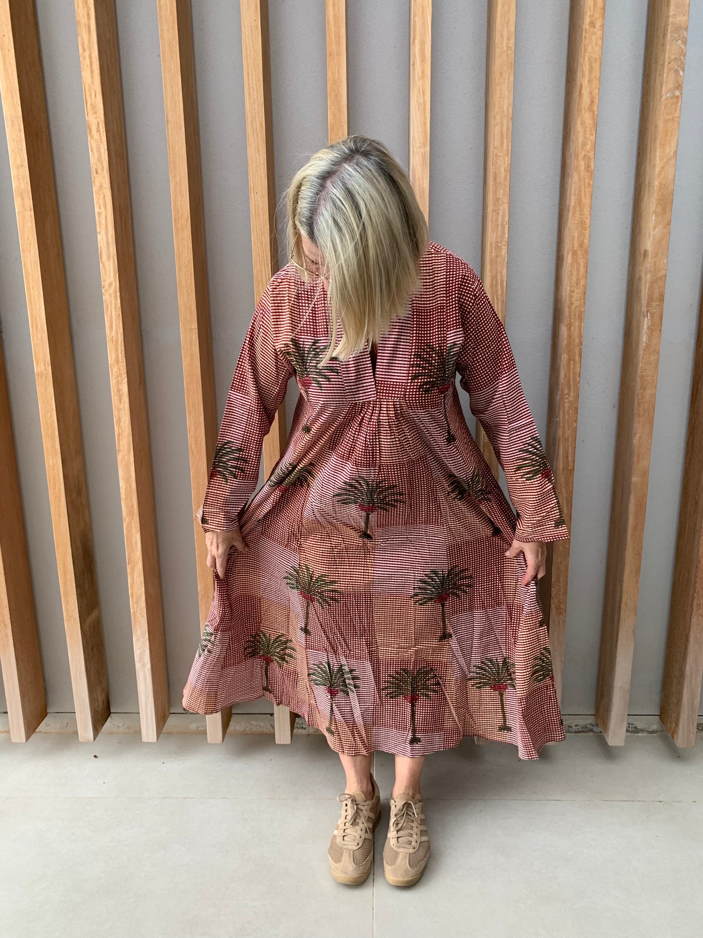Orange & brick coloured fine checked dress with green palm pattern
