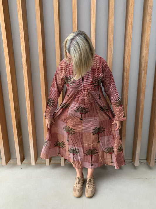 Orange & brick coloured fine checked dress with green palm pattern