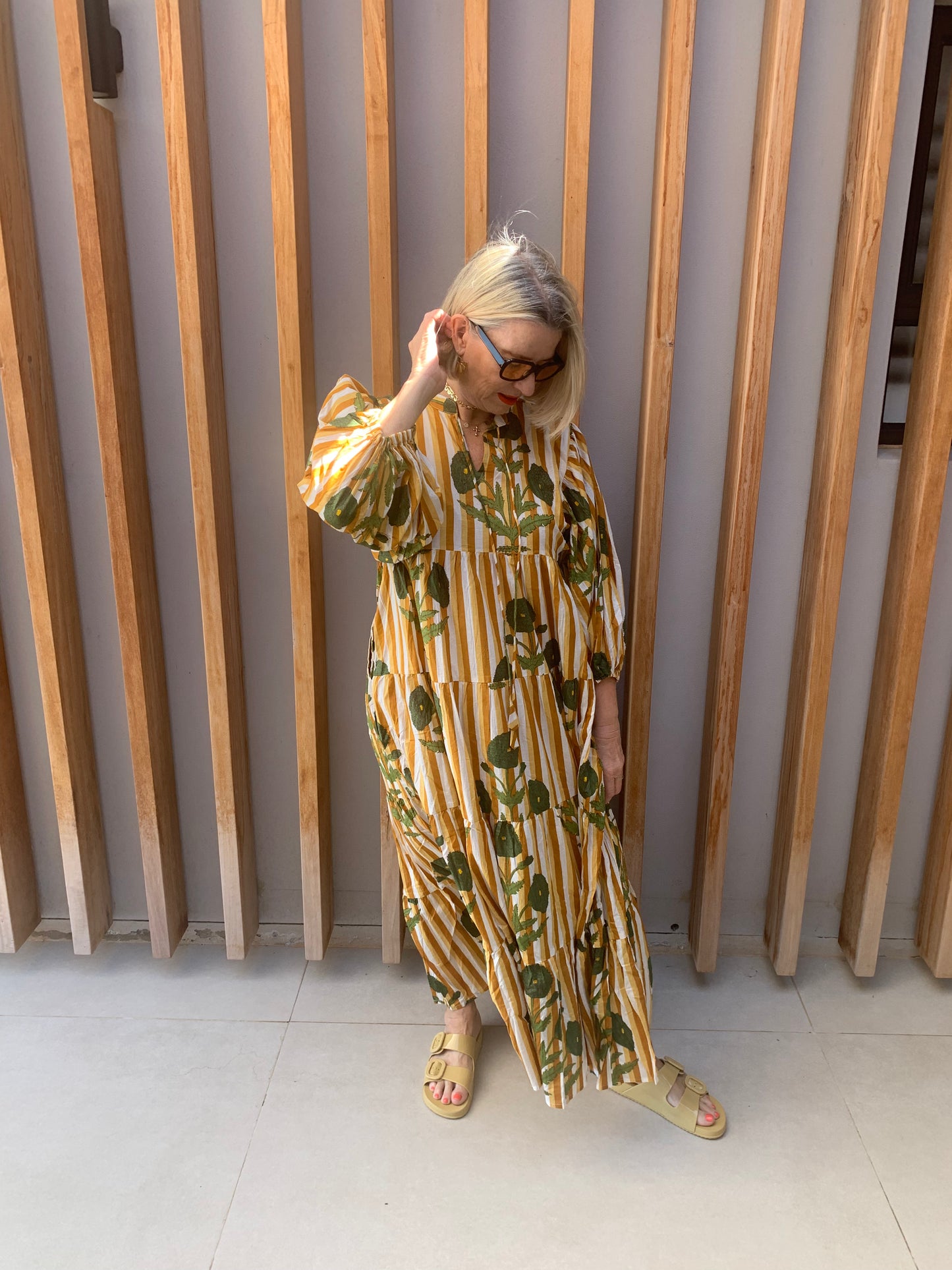 Beige, bronze & white striped dress with green poppies - balloon sleeves