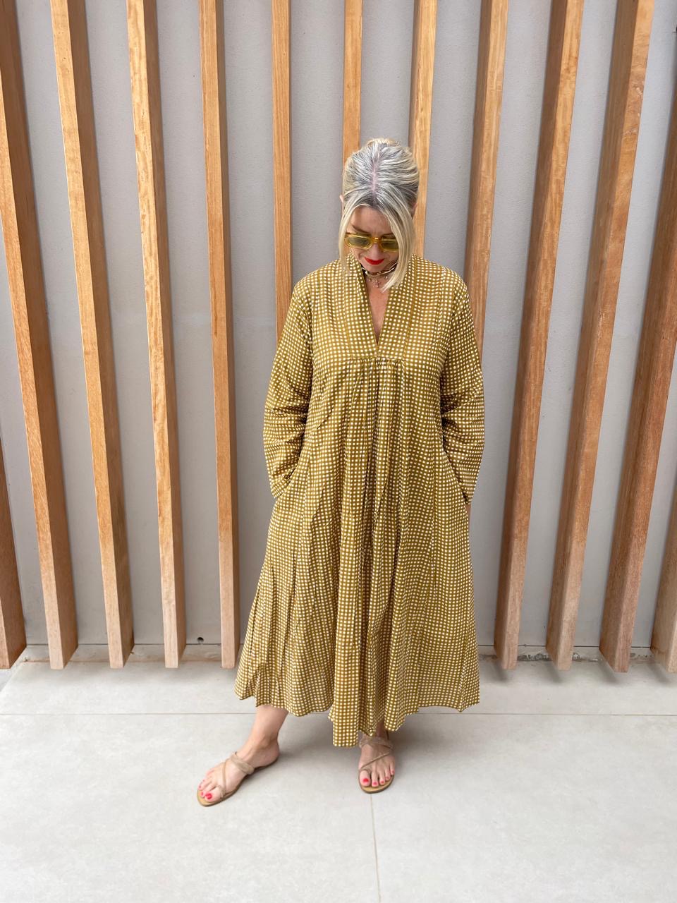 Bronze & white check dress