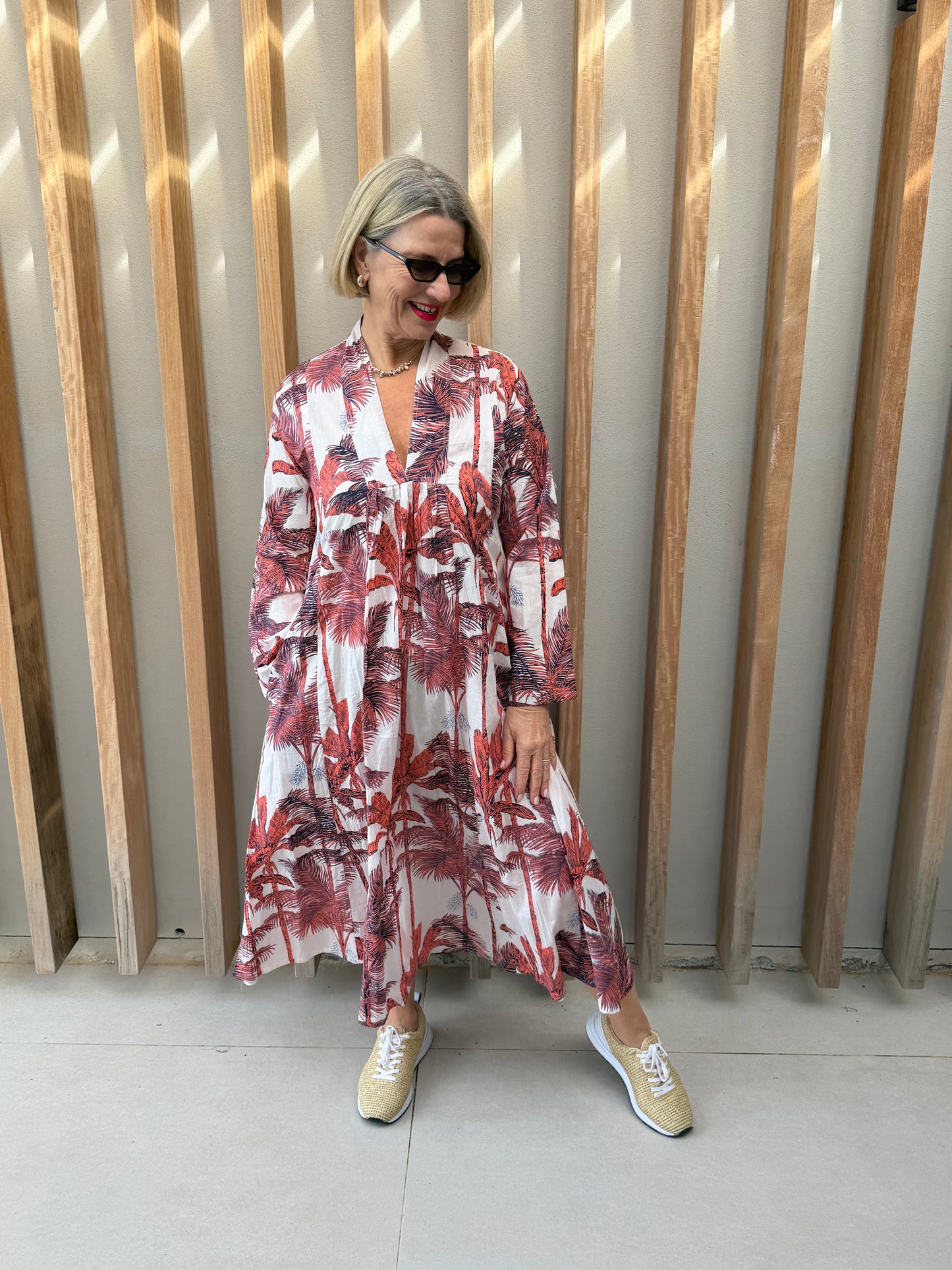 White dress with burned orange palm pattern