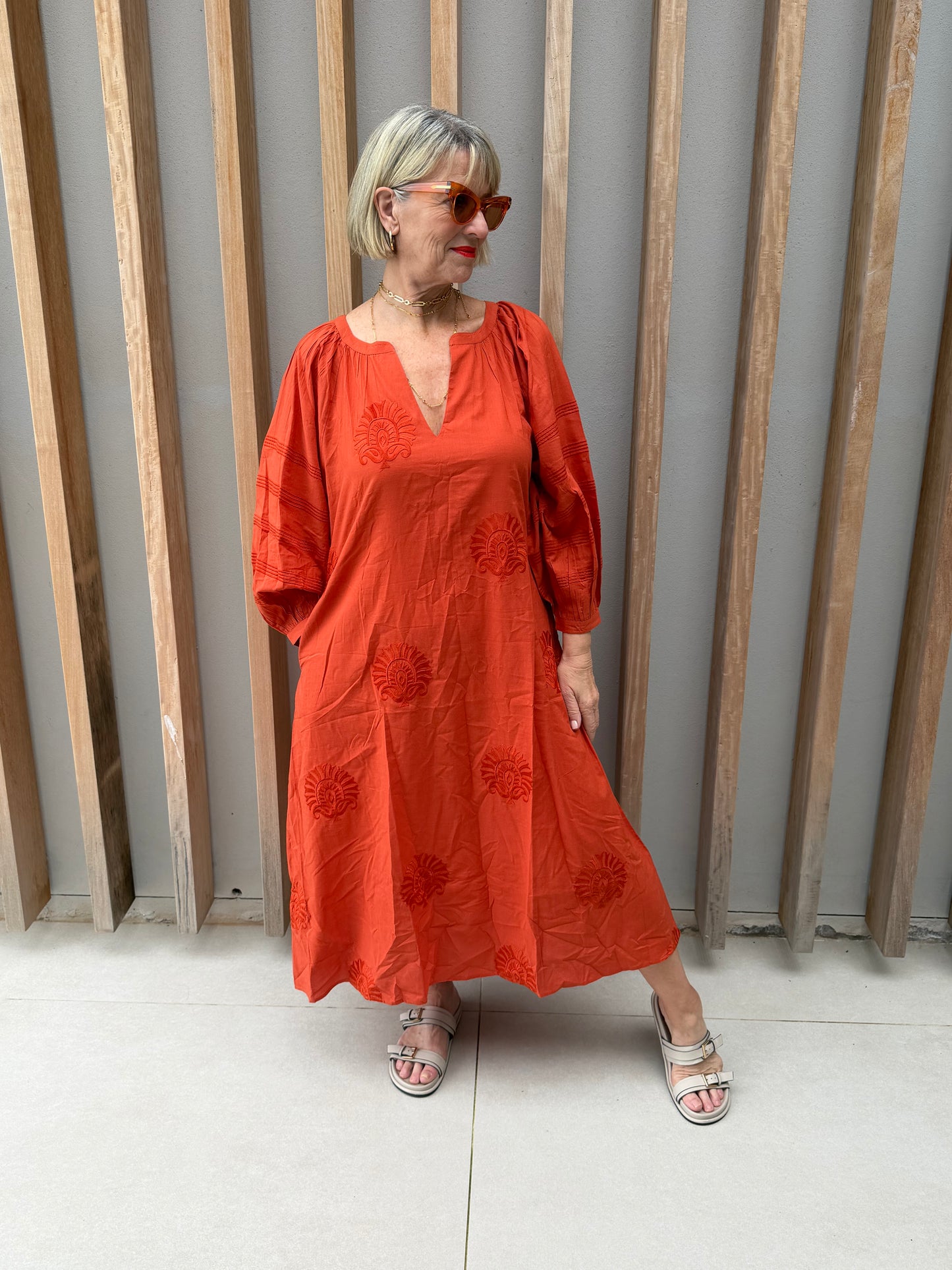 Burned orange embroidered dress