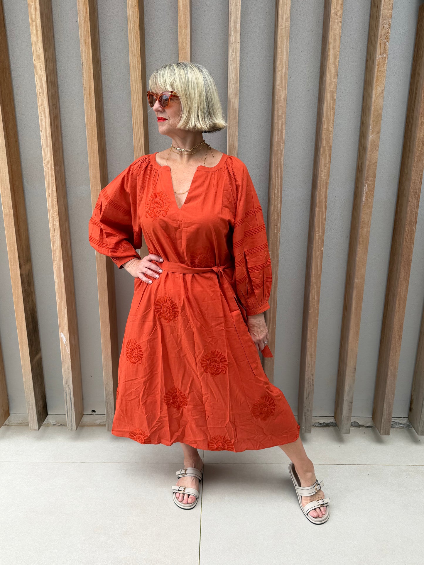 Burned orange embroidered dress