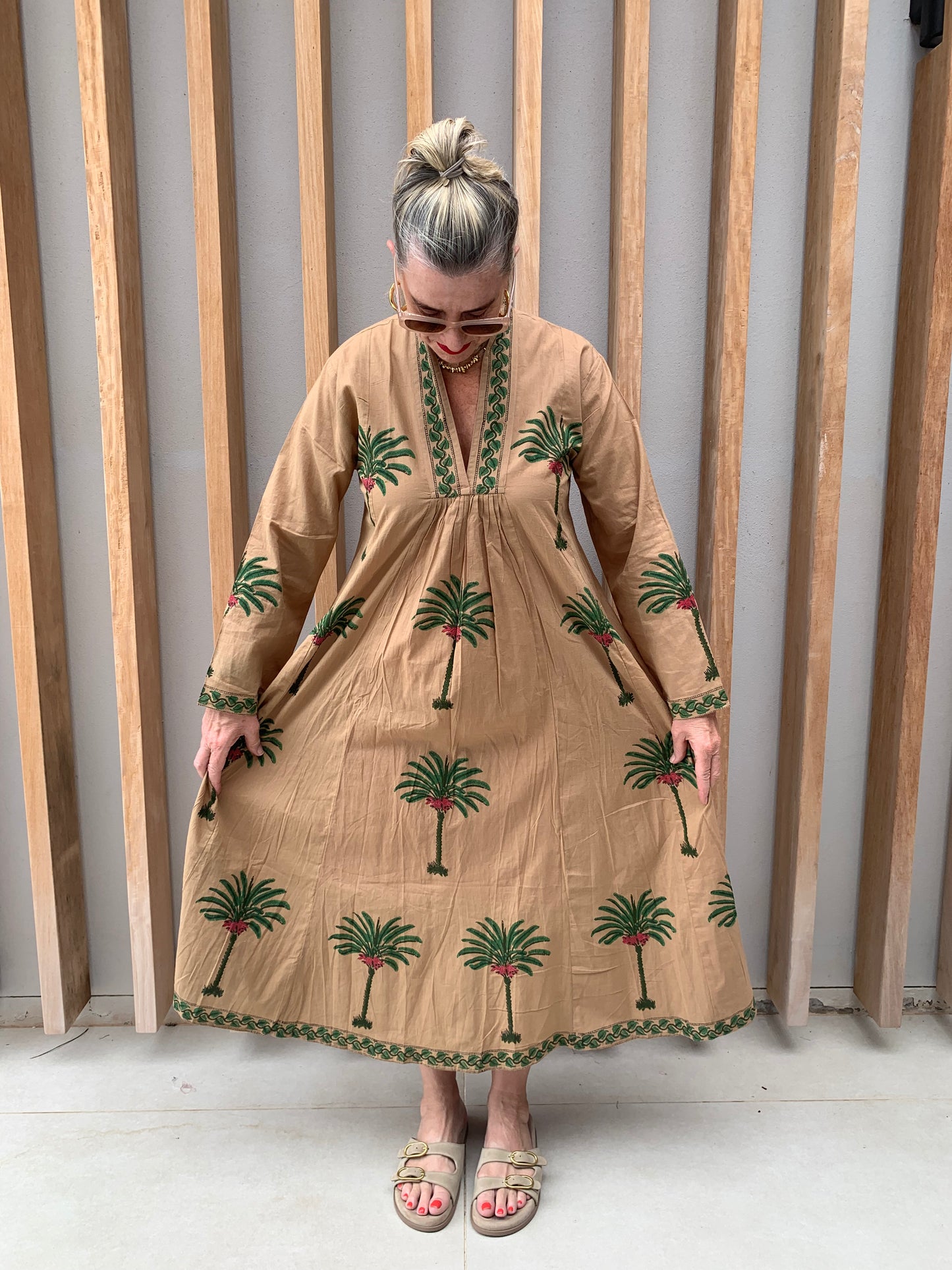 Caramel dress with green palm pattern