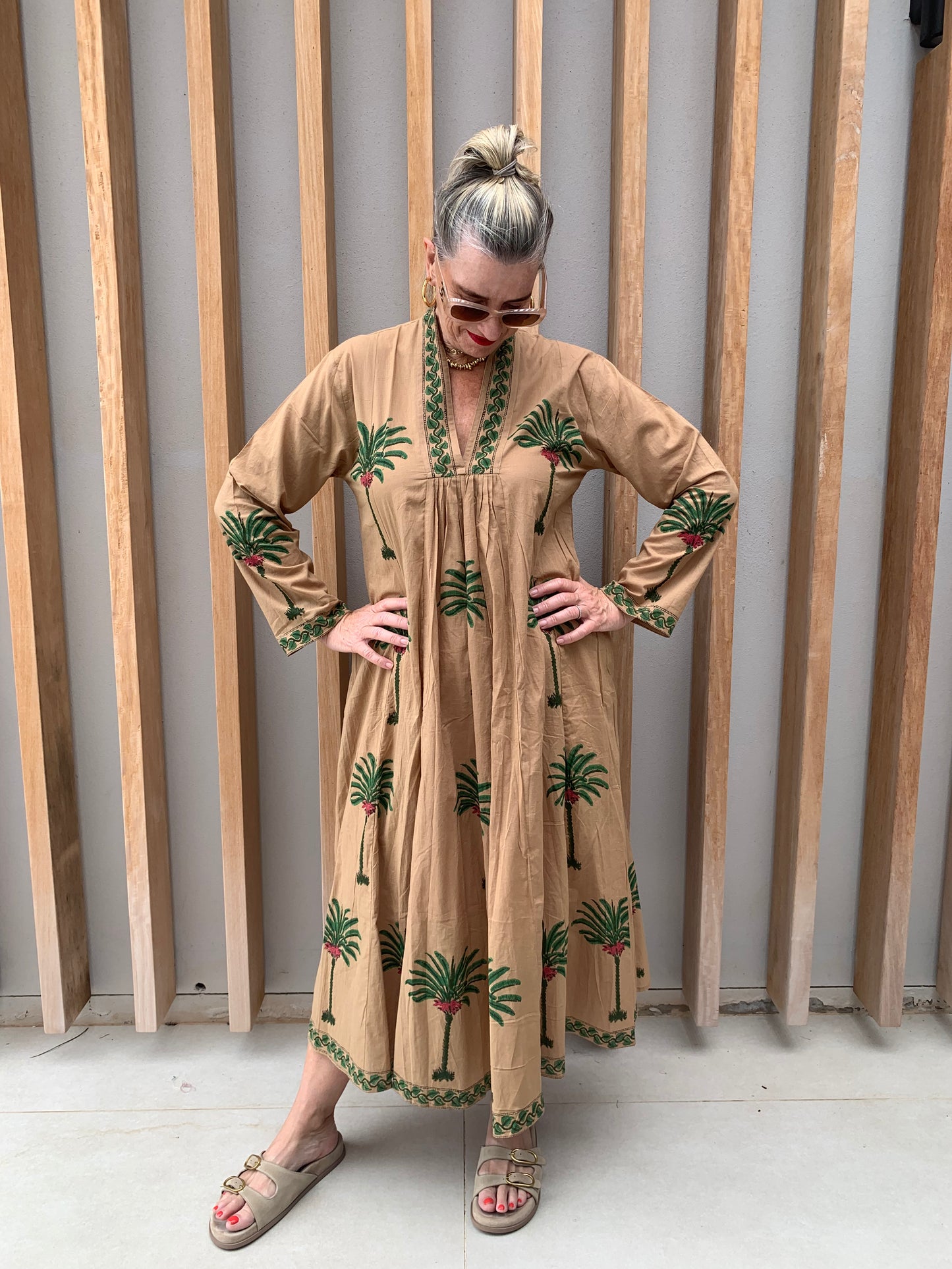 Caramel dress with green palm pattern
