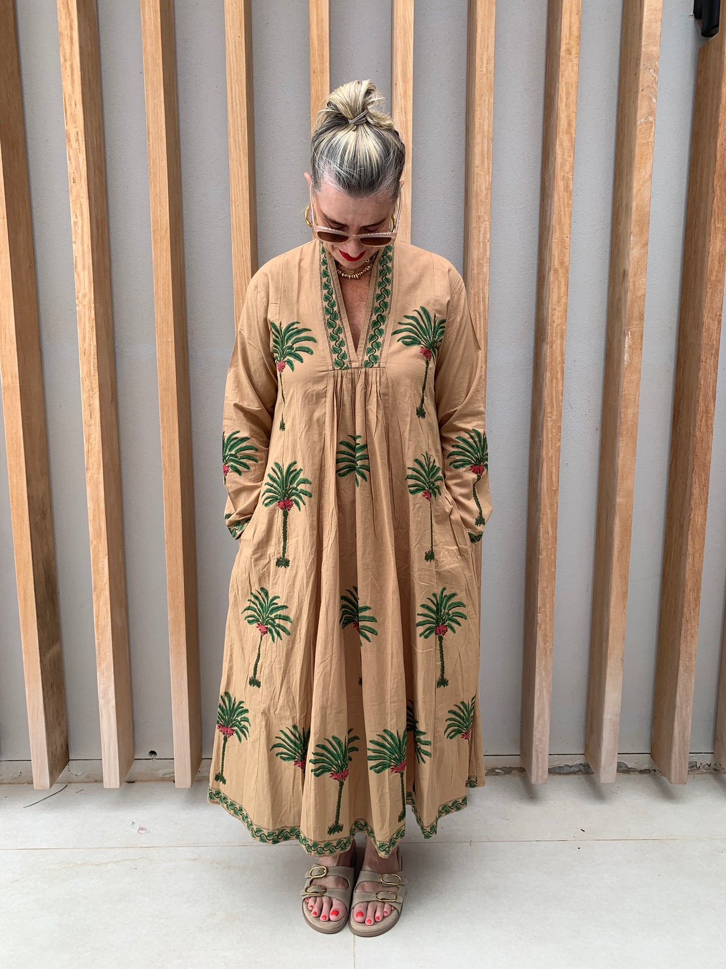 Caramel dress with green palm pattern