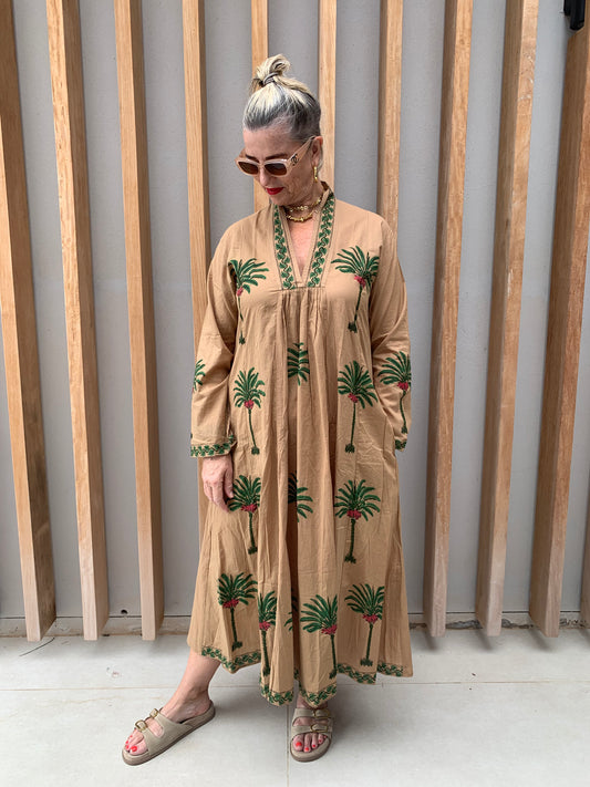 Caramel dress with green palm pattern