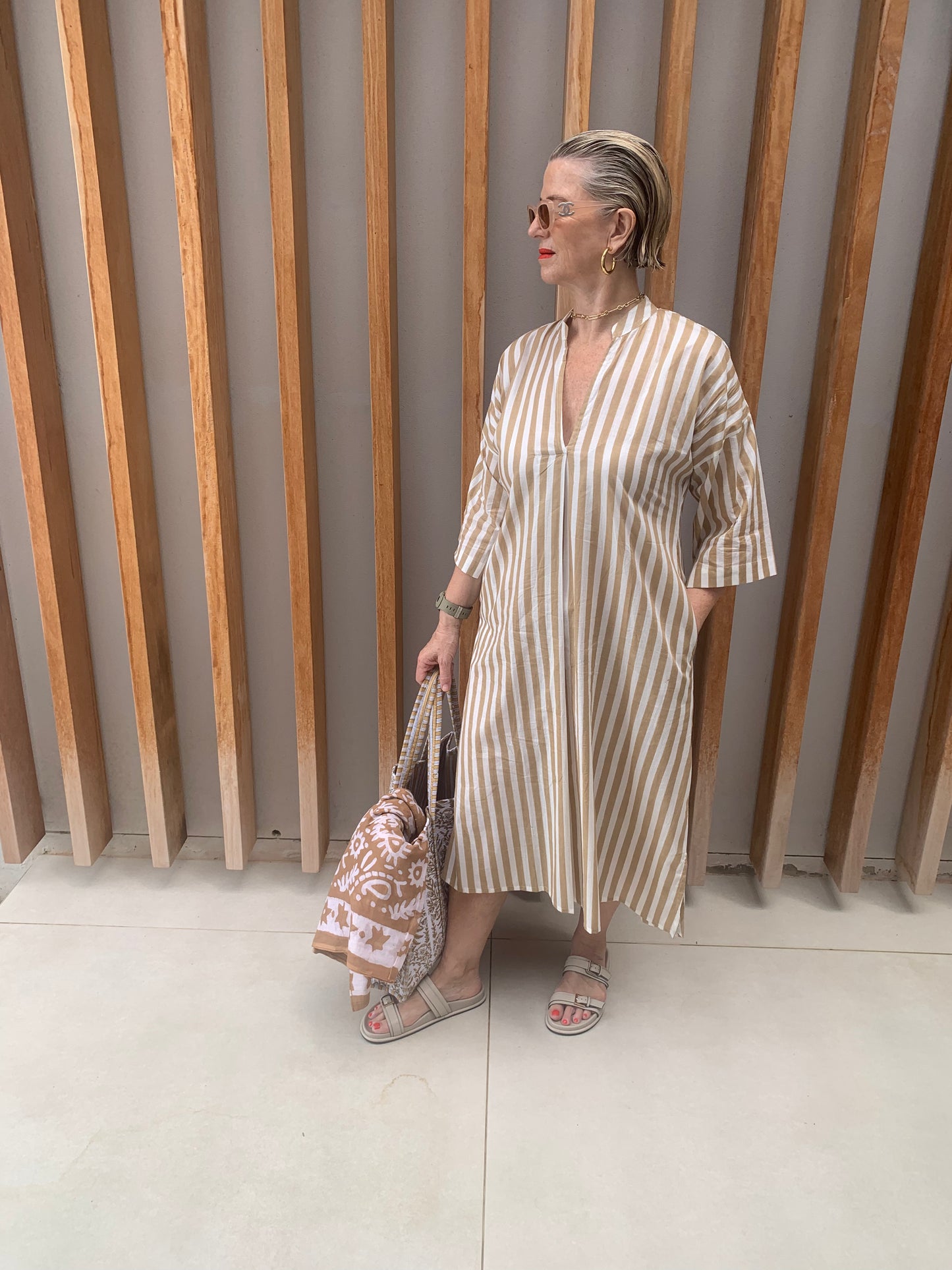 Caramel & white striped dress