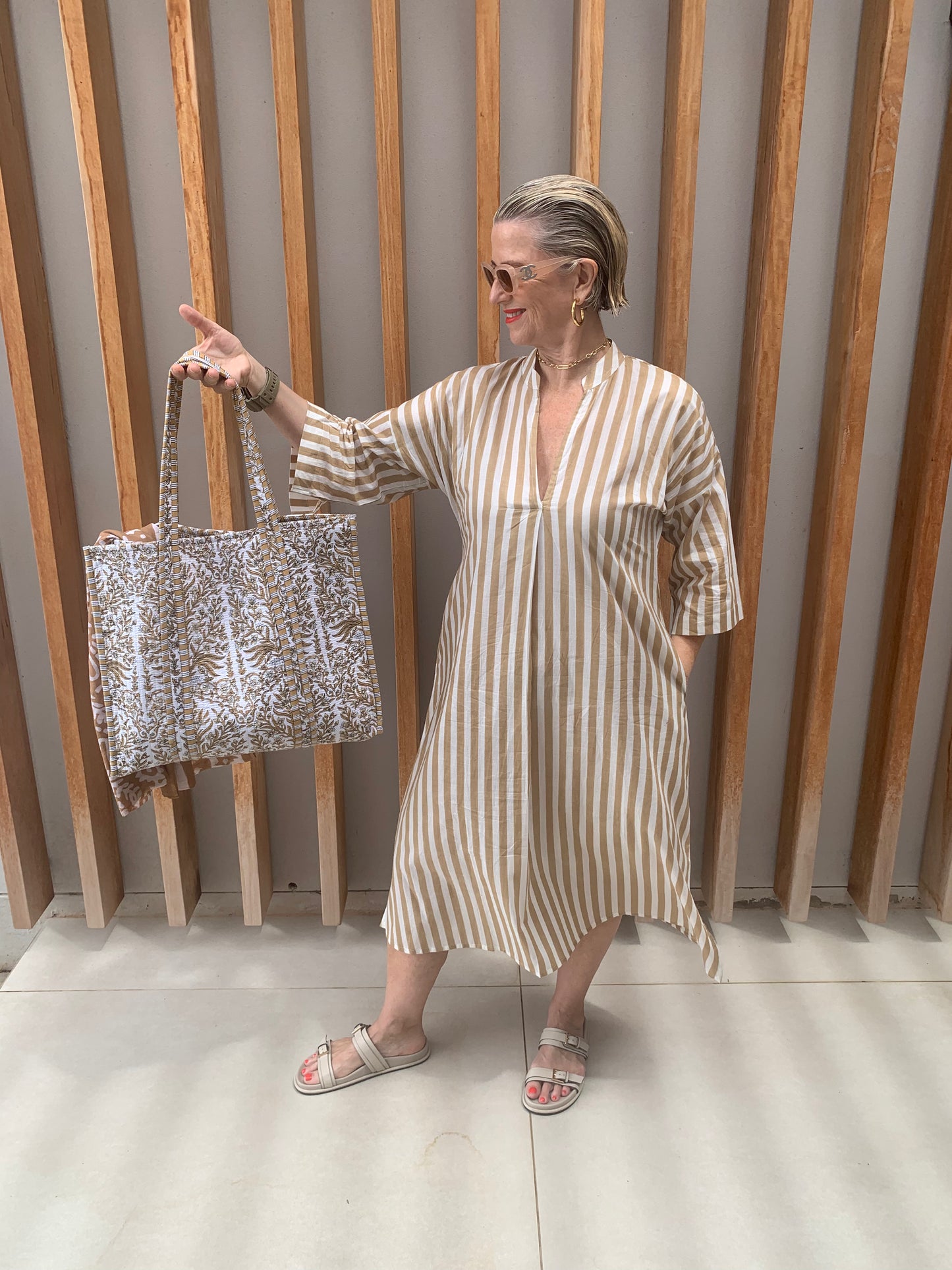 Caramel & white striped dress