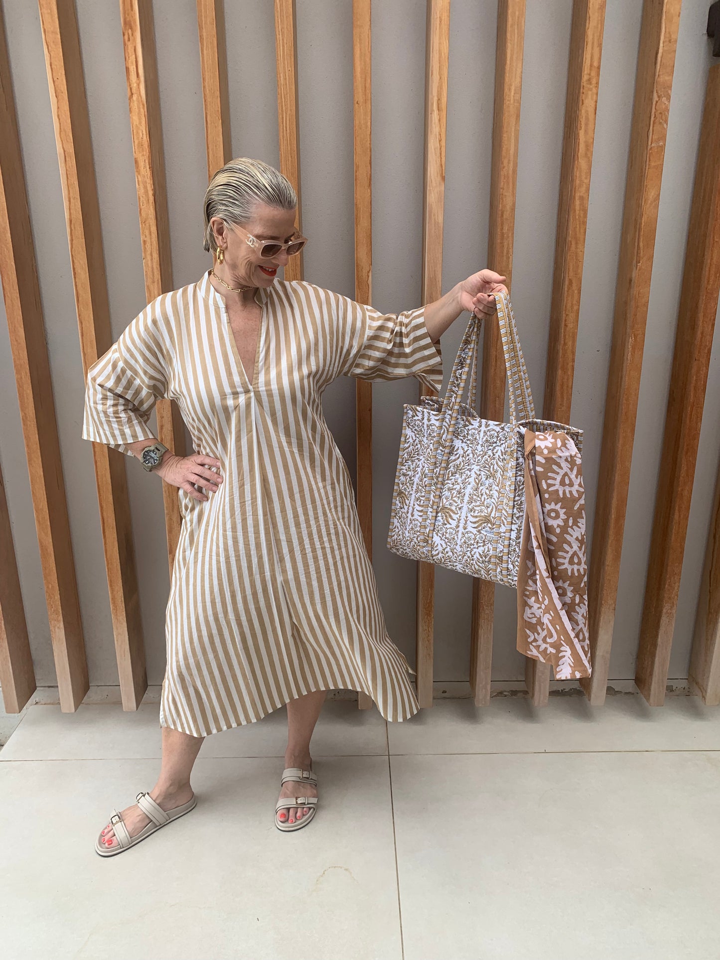 Caramel & white striped dress