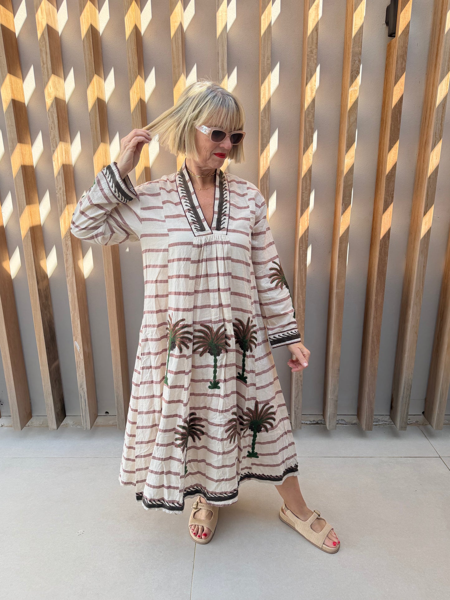 Cream & brown striped embroidered dress