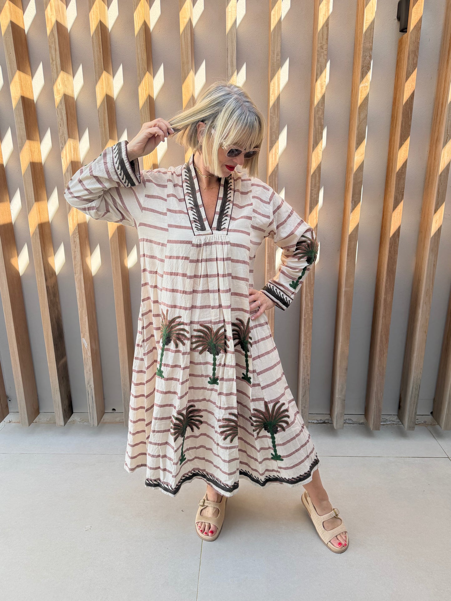 Cream & brown striped embroidered dress