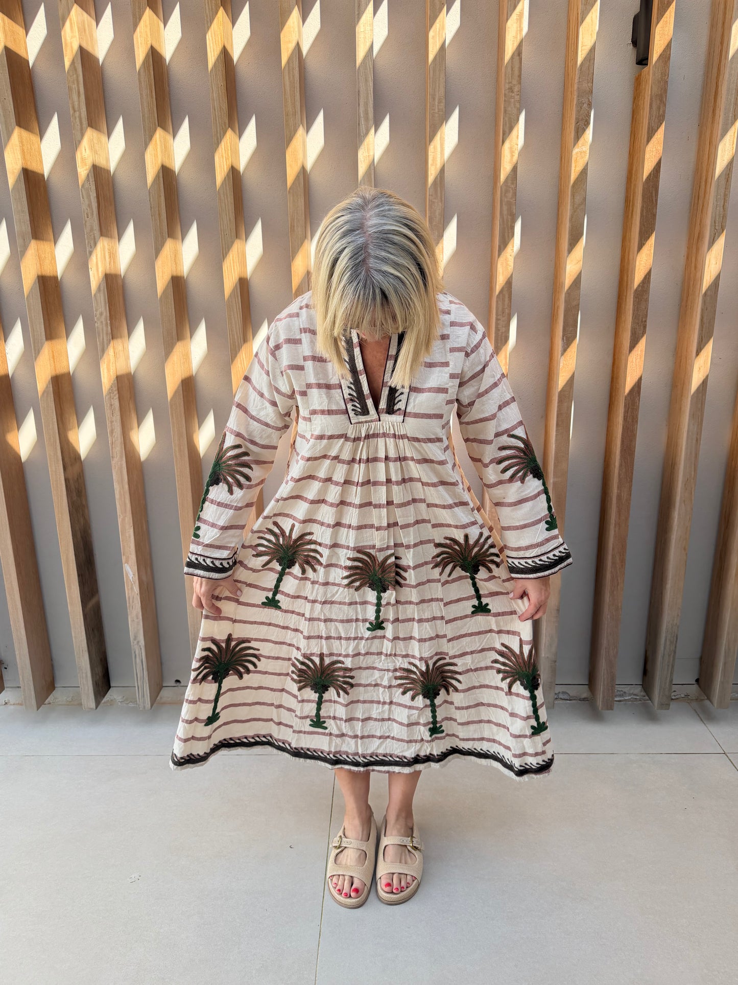 Cream & brown striped embroidered dress