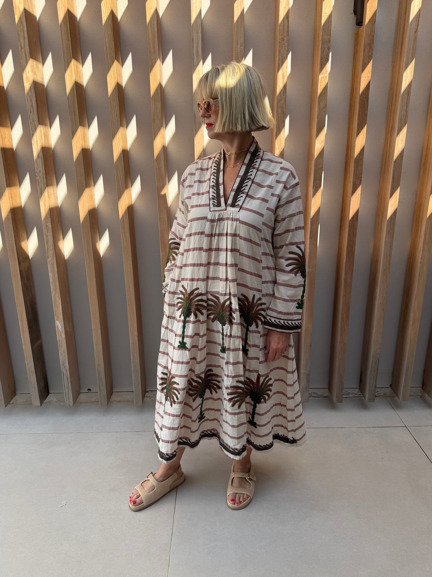 Cream & brown striped embroidered dress