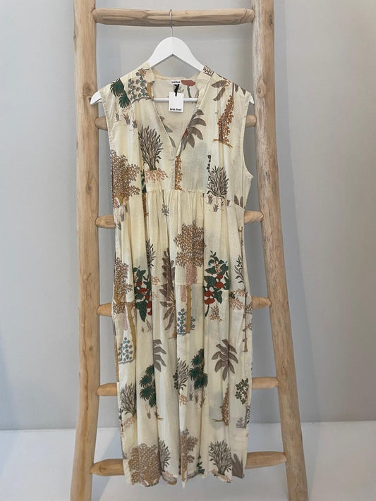 Cream grey fan palm sleeveless dress