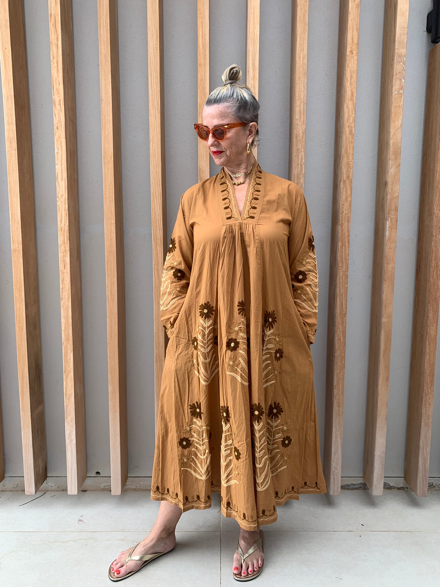 Dark caramel dress with embroidered brown daisy
