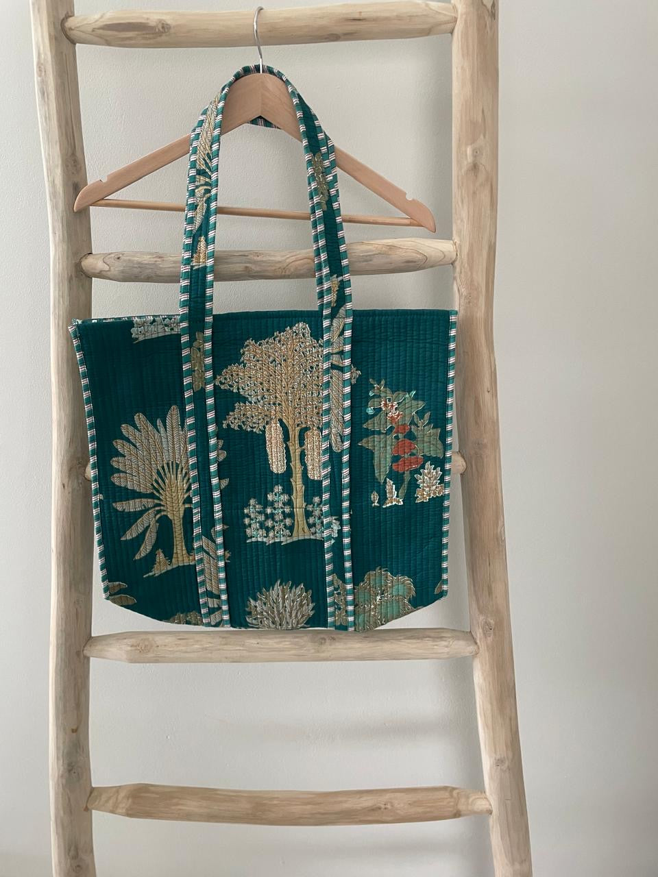 Tote Bag: Dark green with floral palm pattern