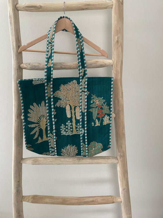 Tote Bag: Dark green with floral palm pattern