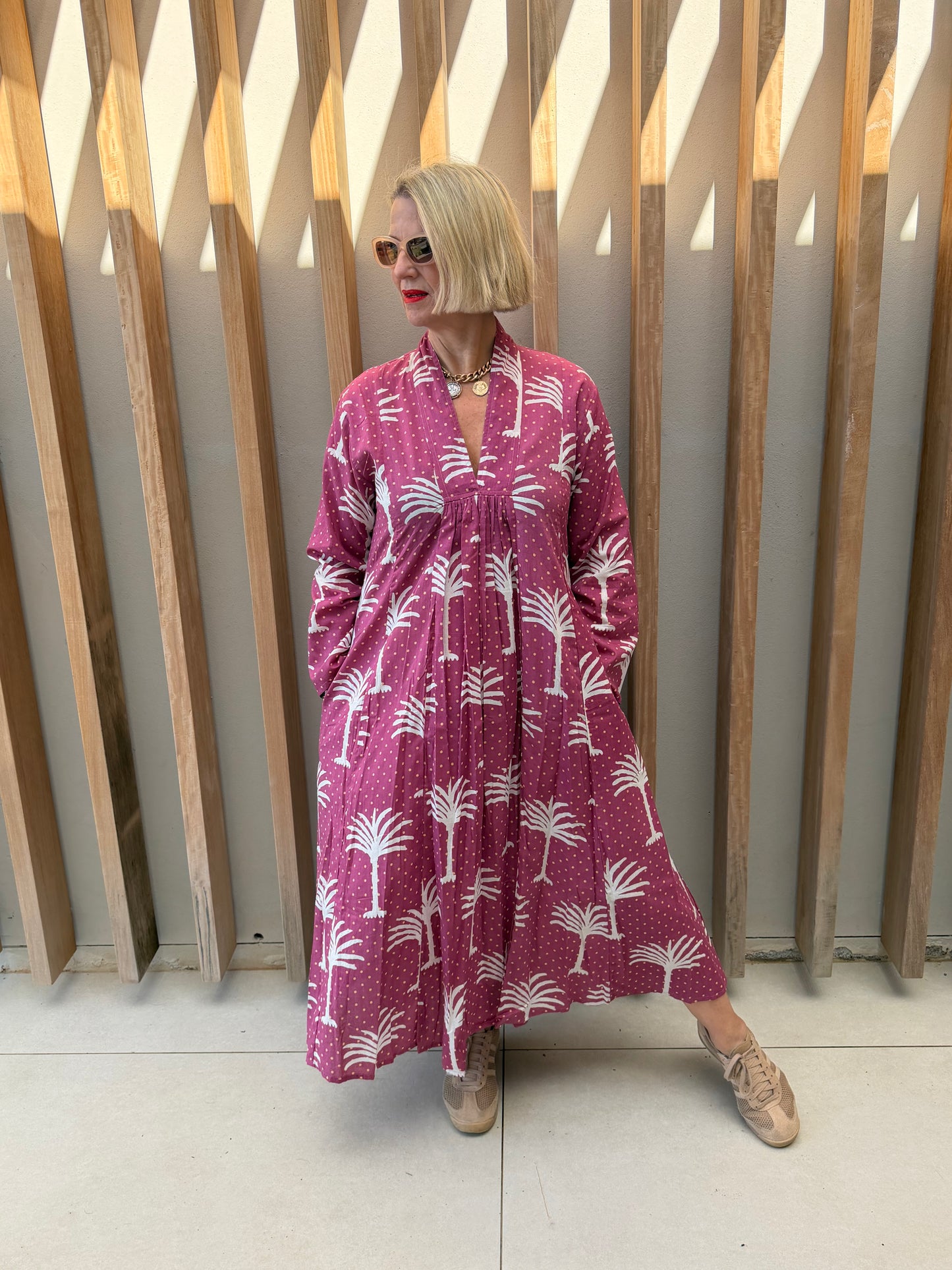 Dark pink dress with white palm pattern
